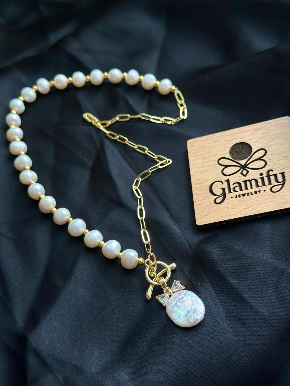 Asymmetrical Pearl & Gold Chain Necklace | coin pearl Pendant - Image 2