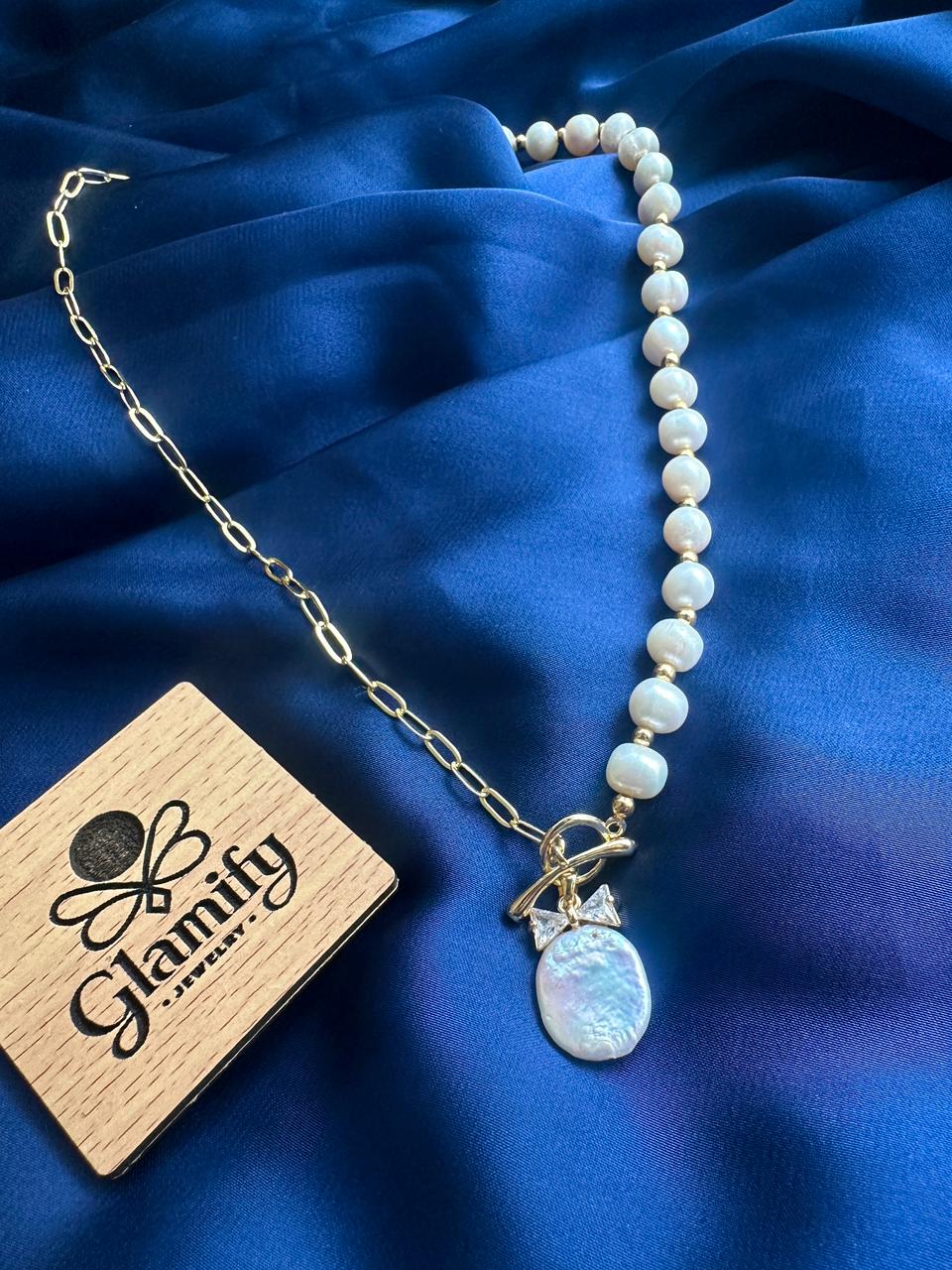 Asymmetrical Pearl & Gold Chain Necklace | coin pearl Pendant - Image 5