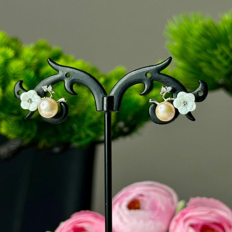 Pink Pearl Stud Earrings with Mother of Pearl Flower
