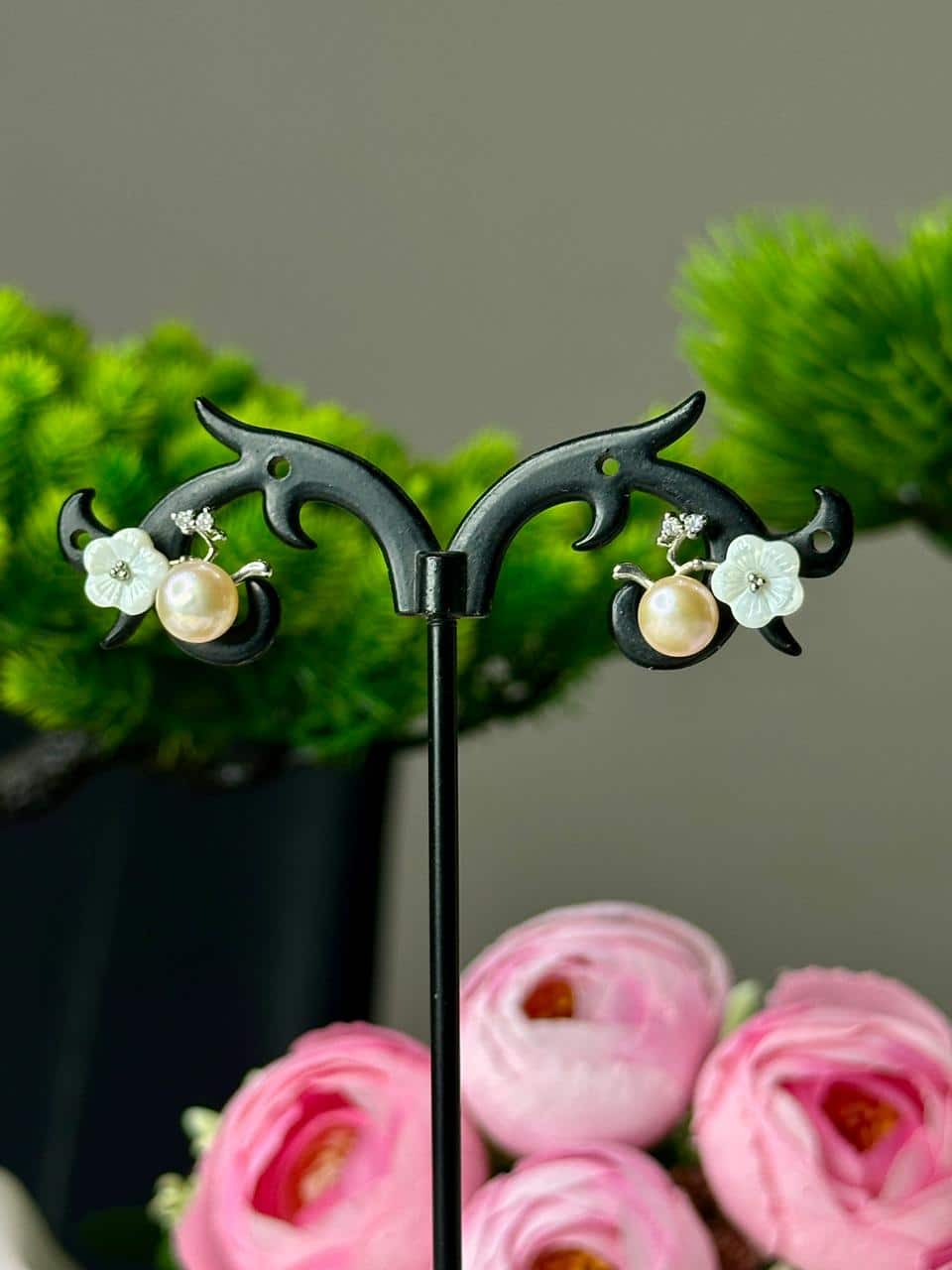 Pink Pearl Stud Earrings with Mother of Pearl Flower