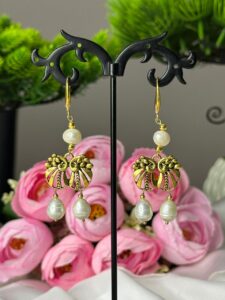 Antique Gold Tone Dangle Earrings with White Drop Pearls