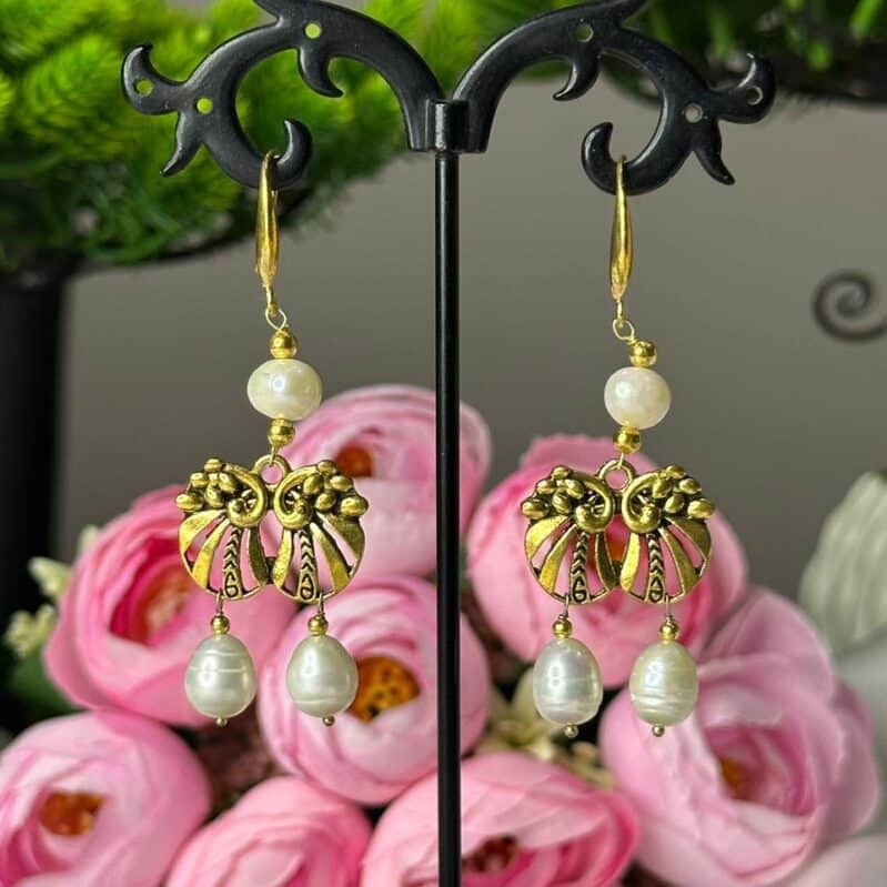 Antique Gold Tone Dangle Earrings with White Drop Pearls