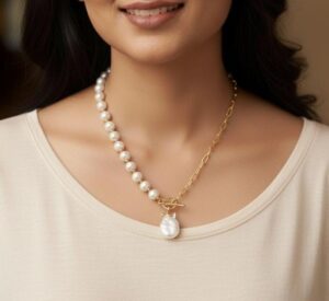 Asymmetrical Pearl & Gold Chain Necklace | coin pearl Pendant