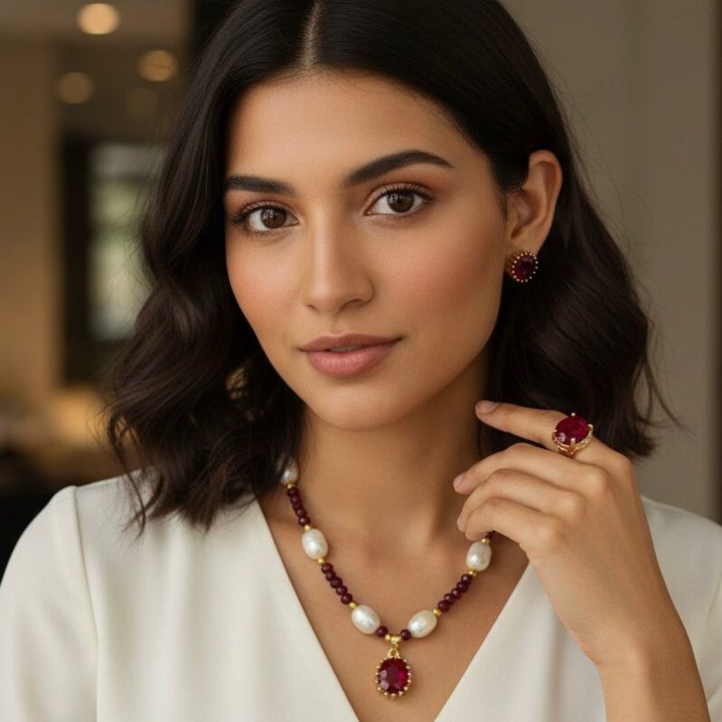 Freshwater Pearl Jewelry Set Ruby Stone Pendant, Earrings & Ring