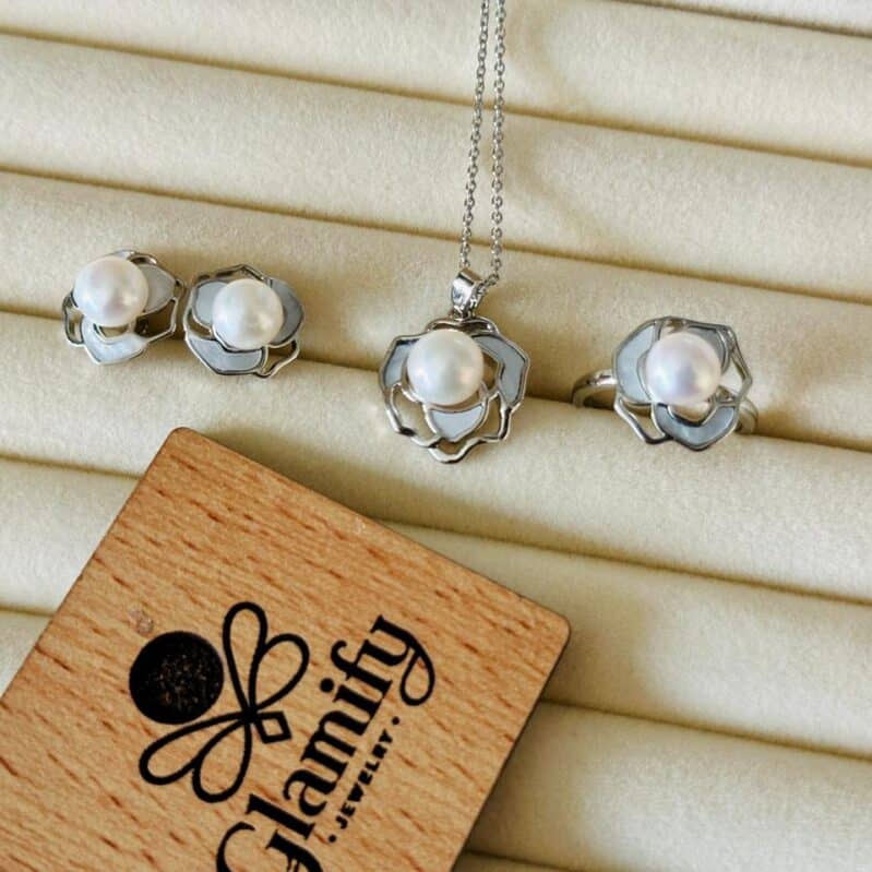 925 Silver Flower Pearl Set | White & Purple Necklace, Earrings & Ring