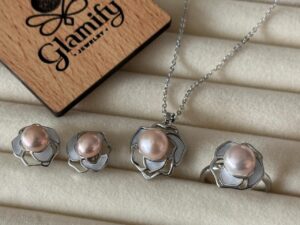 925 Silver Flower Pearl Set | White & Purple Necklace, Earrings & Ring - Purple