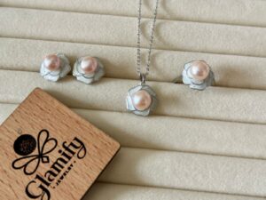 Original Floral Pearl Pendant Set | Pink & White Freshwater Pearls | 17” Necklace | Glamify BD - Pink