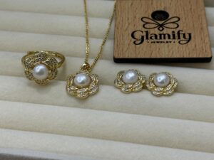 Gold-Tone Floral Pearl Pendant Set | Sparkle Accent Jewelry | Necklace, Earrings & Ring