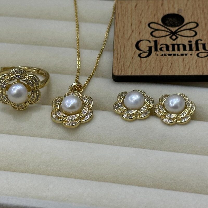 Gold-Tone Floral Pearl Pendant Set | Sparkle Accent Jewelry | Necklace, Earrings & Ring