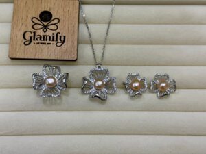 Silver-Tone Floral Pink Pearl Pendant Set | Sparkle Accent | Necklace, Earrings & Ring | Glamify BD