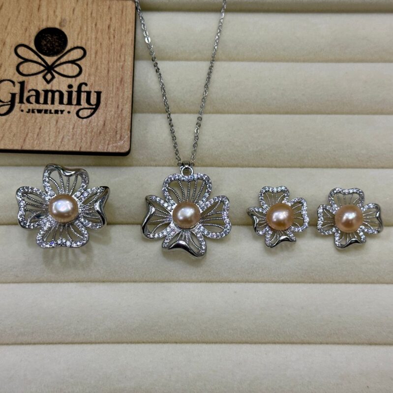 Silver-Tone Floral Pink Pearl Pendant Set | Sparkle Accent | Necklace, Earrings & Ring | Glamify BD