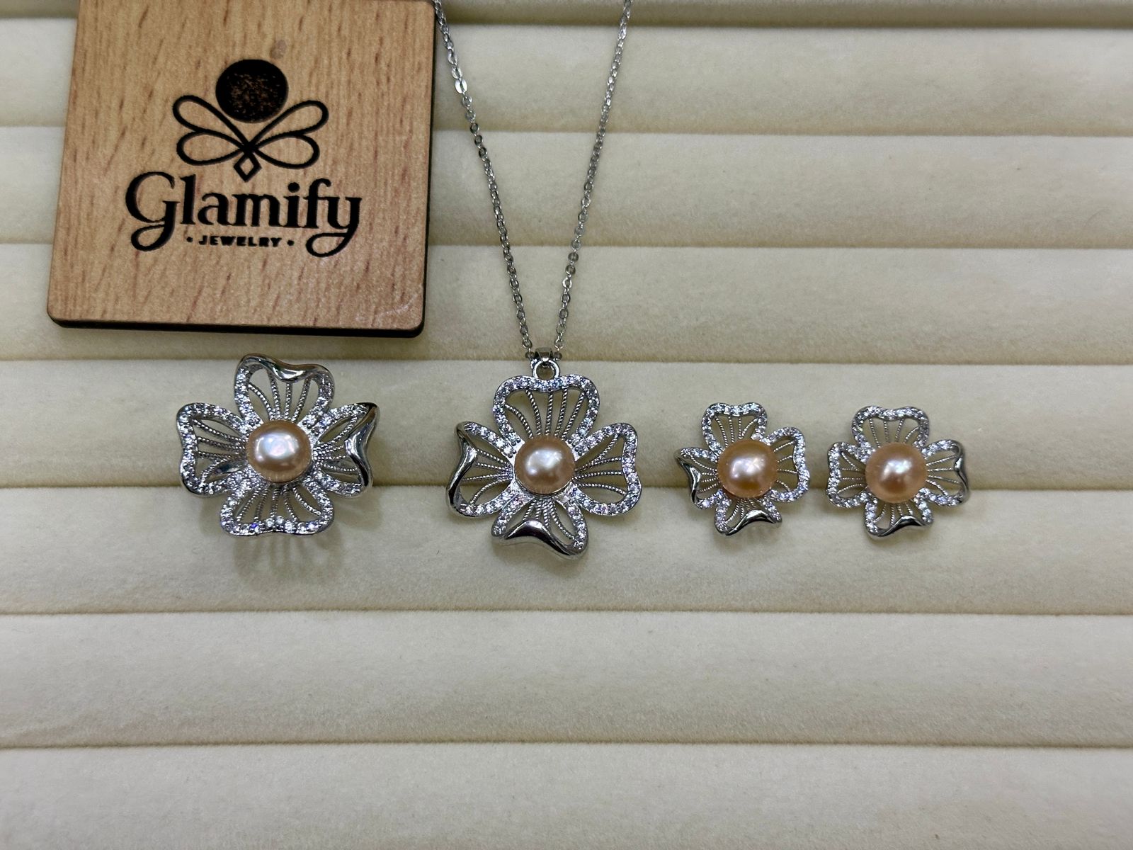 Silver-Tone Floral Pink Pearl Pendant Set | Sparkle Accent | Necklace, Earrings & Ring | Glamify BD