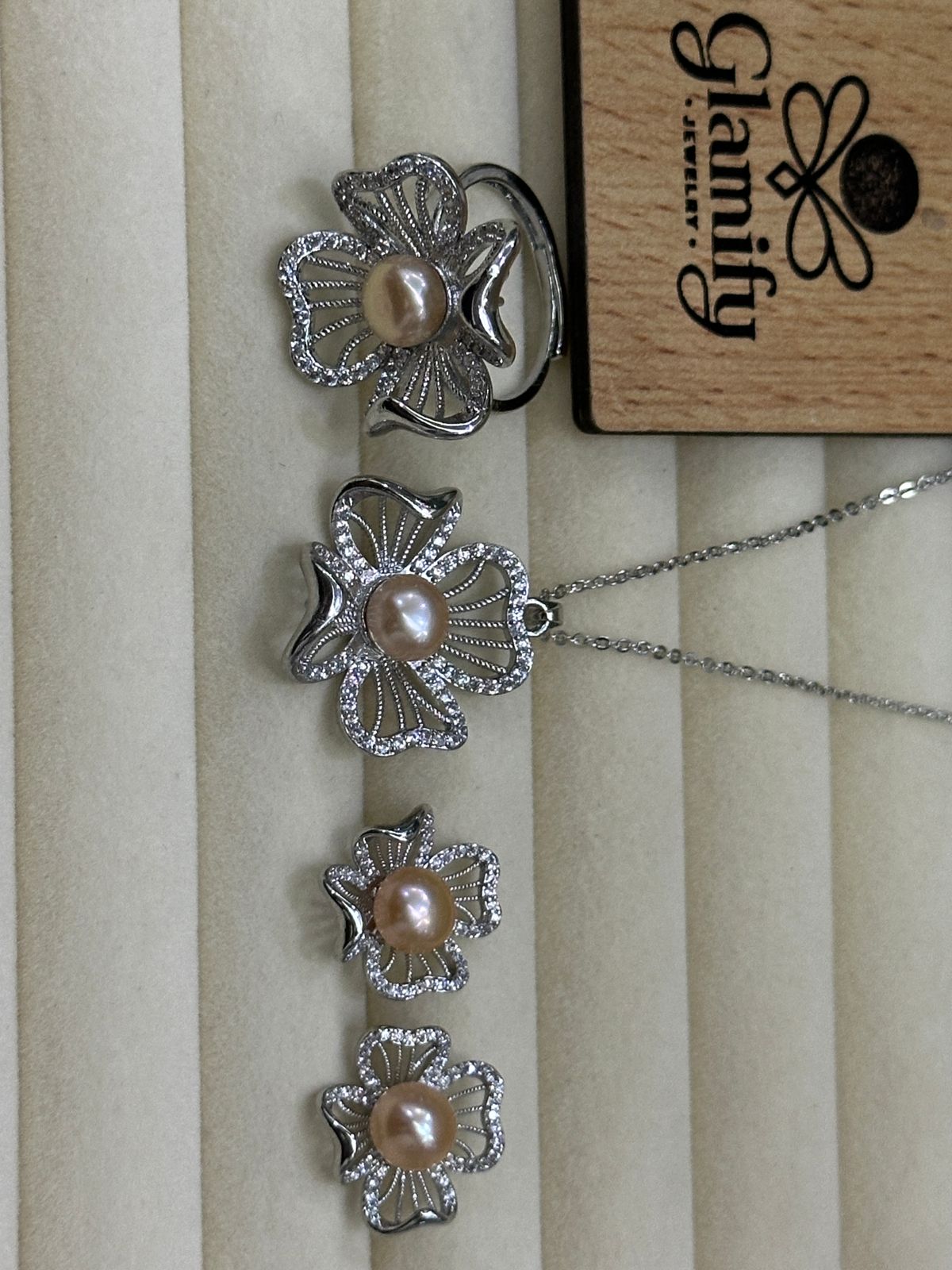 Silver-Tone Floral Pink Pearl Pendant Set | Sparkle Accent | Necklace, Earrings & Ring | Glamify BD - Image 2