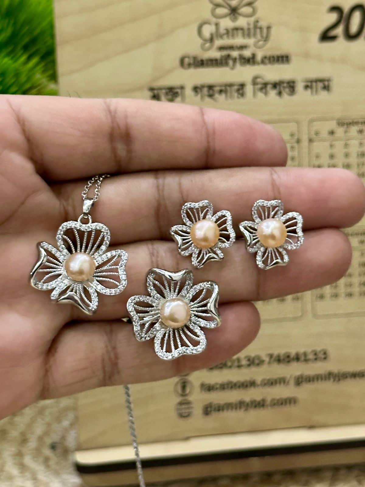 Silver-Tone Floral Pink Pearl Pendant Set | Sparkle Accent | Necklace, Earrings & Ring | Glamify BD - Image 3