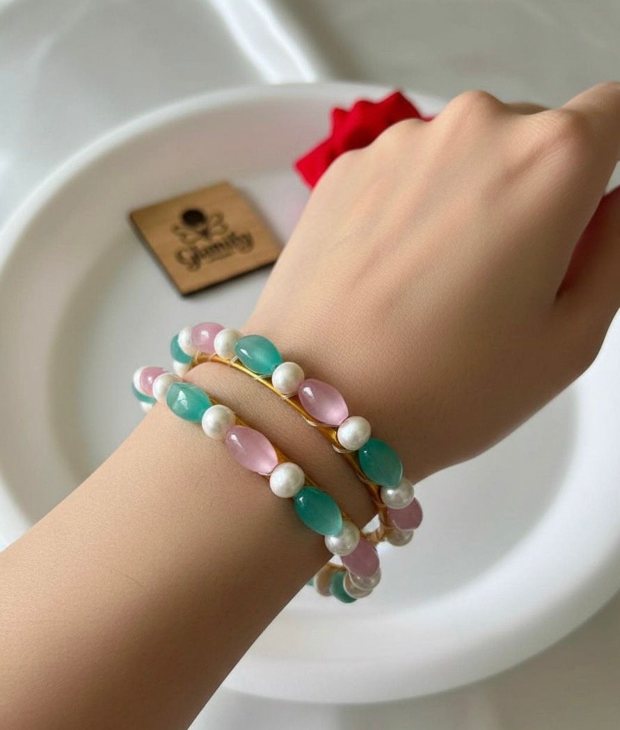 Freshwater Pearl & Onyx Stone Bangle Set | Muktar Churi BD