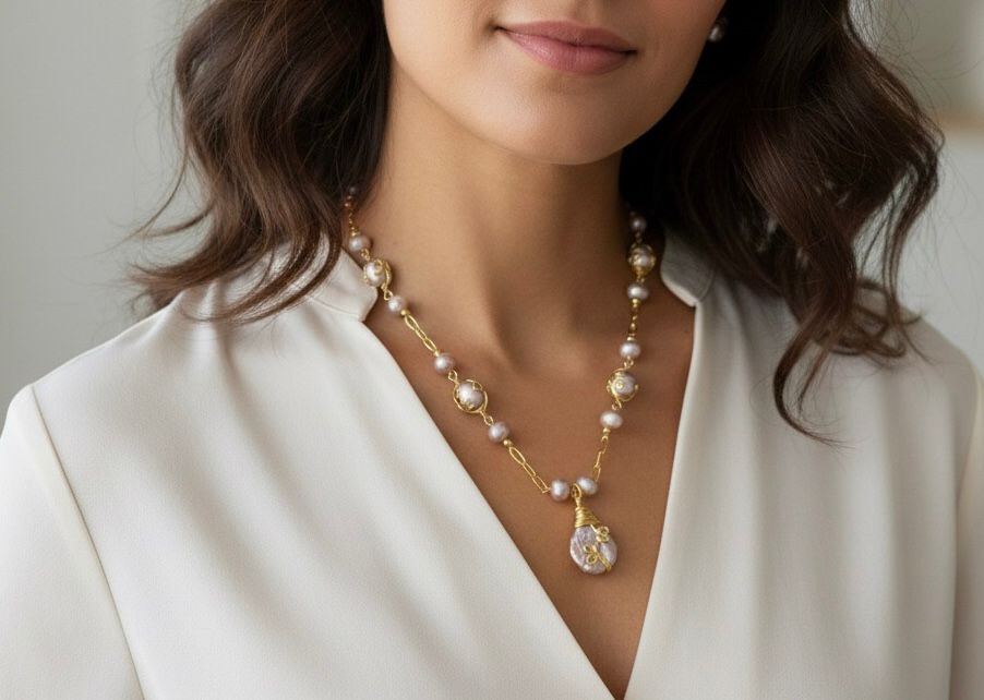 Lavender Freshwater Baroque Pearl Necklace with Hand-Wrapped Pendant - Image 3