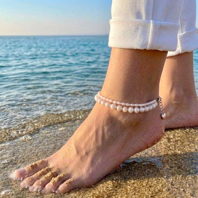 White Freshwater Pearl Payel | Rice & Baroque Blend Anklet