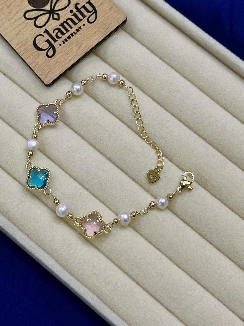 Freshwater Pearl Adjustable Bracelet with Gem Charms | 925 Gold Plated - Image 3