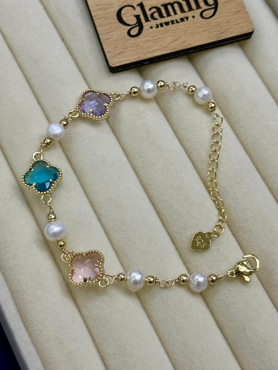 Freshwater Pearl Adjustable Bracelet with Gem Charms | 925 Gold Plated - Image 2