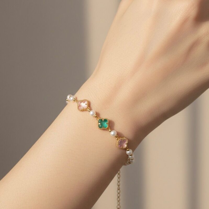 Freshwater Pearl Adjustable Bracelet with Gem Charms | 925 Gold Plated