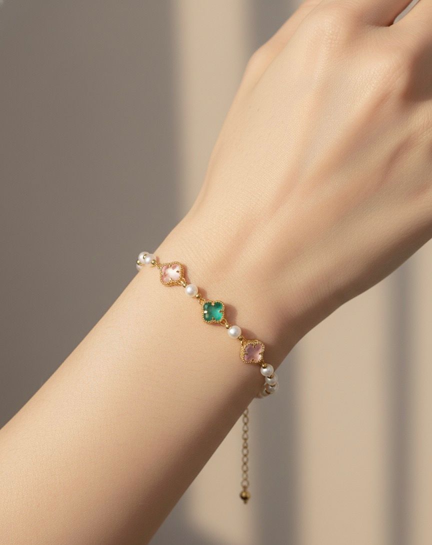 Freshwater Pearl Adjustable Bracelet with Gem Charms | 925 Gold Plated