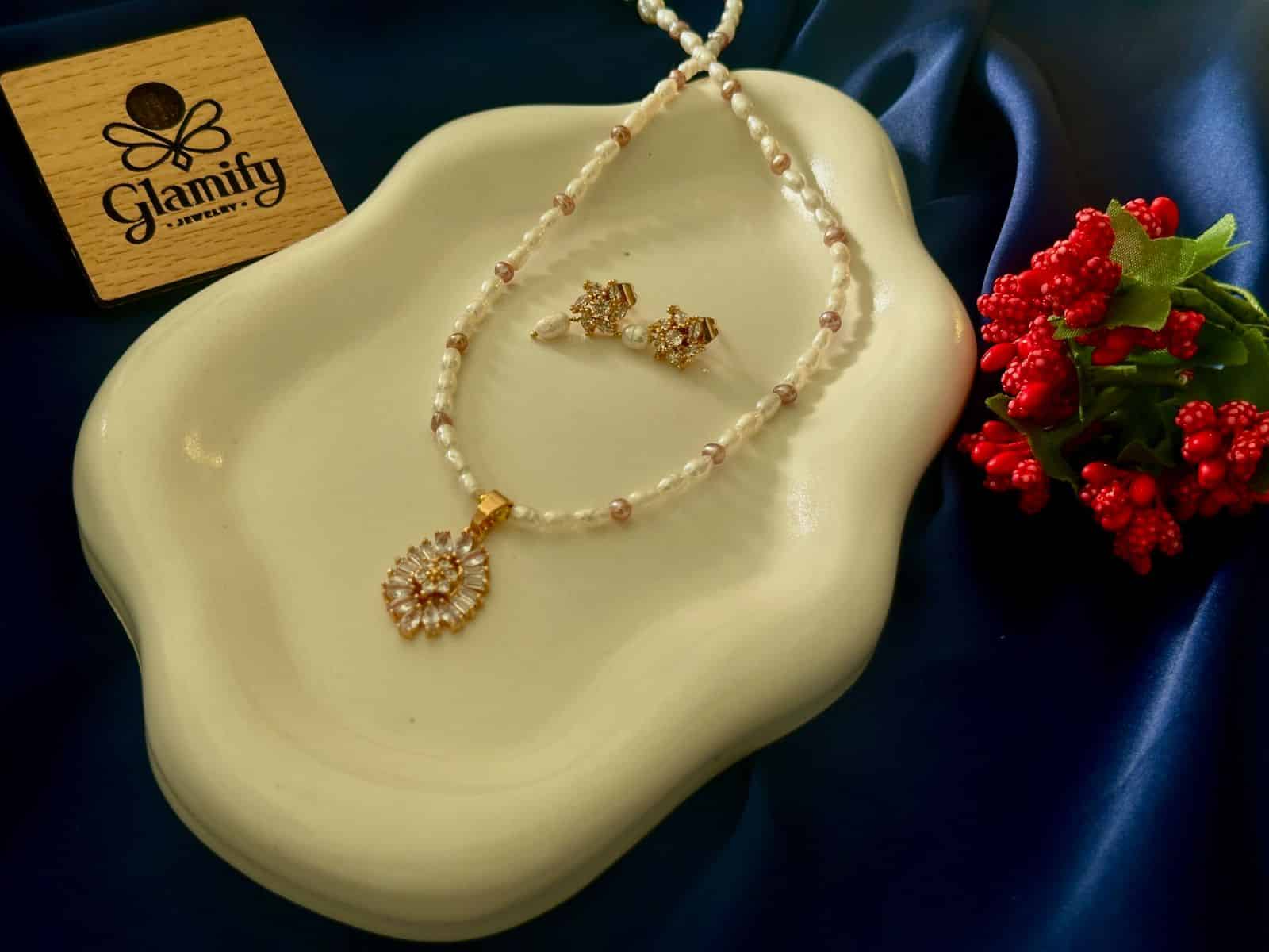 Rice Pearl Necklace Set 4mm – White & Deep Purple Freshwater Pearls with High-Sparkle Stones - Image 5