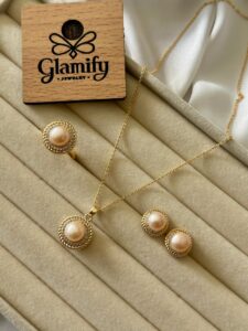 Classic Round Pearl Jewelry Set – Necklace, Earrings & Adjustable Ring (Gold Plated)