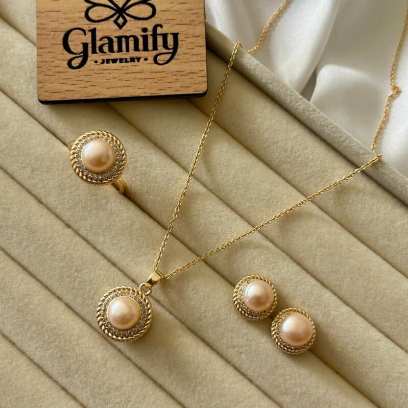 Classic Round Pearl Jewelry Set – Necklace, Earrings & Adjustable Ring (Gold Plated)