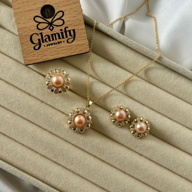 Classic Pink Pearl Gold Plated Pendant Set – Necklace, Earrings & Adjustable Ring