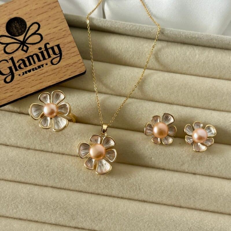 Pink Pearl Flower Pendant Set – Gold Plated Necklace, Earrings & Adjustable Ring