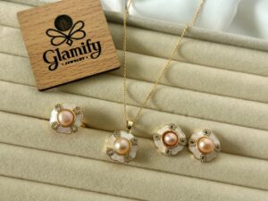 Pink Pearl & Enamel Flower Pendant Set – Gold Plated Necklace, Earrings & Adjustable Ring