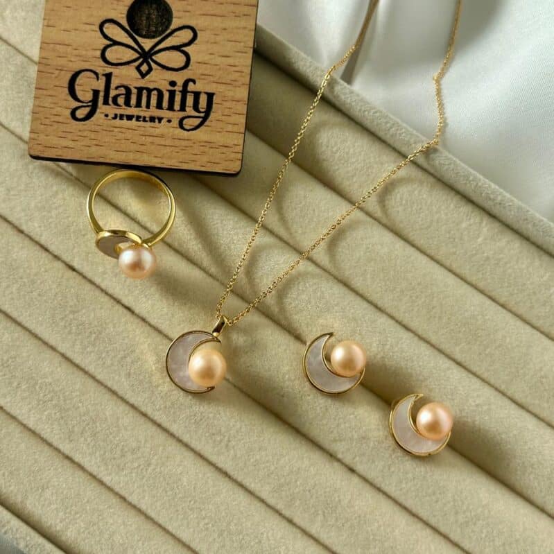 Pink Pearl Crescent Pendant Set – Gold Plated Necklace, Earrings & Adjustable Ring