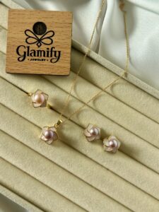 Floral Pearl Jewelry Set for Women – Ring, Pendant & Earrings | Elegant Gold-Tone Design
