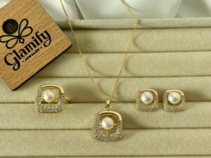 Square Pearl Jewelry Set for Women – Pendant, Earrings & Ring | Premium Gold-Tone Design