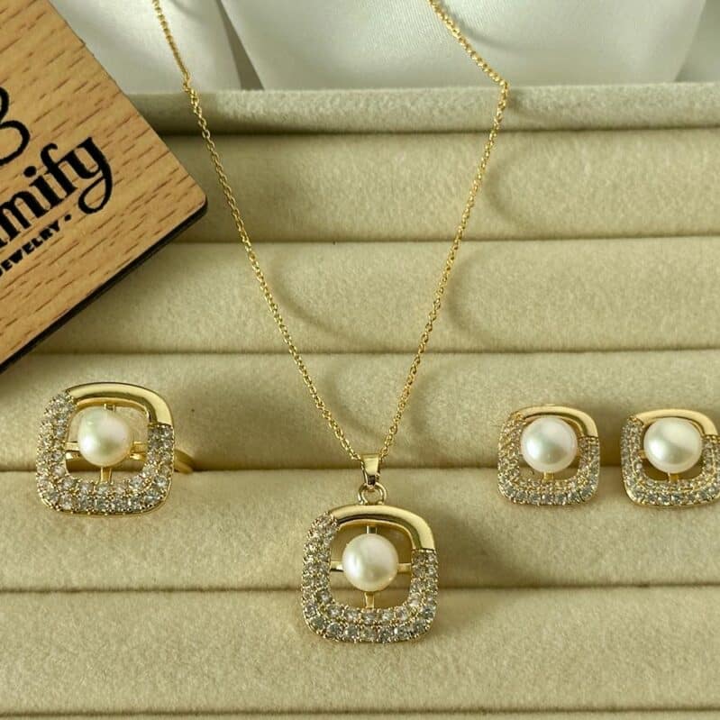 Square Pearl Jewelry Set for Women – Pendant, Earrings & Ring | Premium Gold-Tone Design