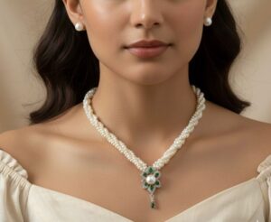 Triple-Layer Twisted Freshwater Rice Pearl Necklace with Emerald Green Floral Pendant