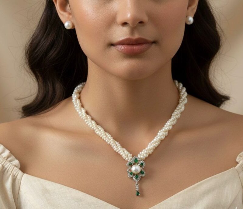 Triple-Layer Twisted Freshwater Rice Pearl Necklace with Emerald Green Floral Pendant