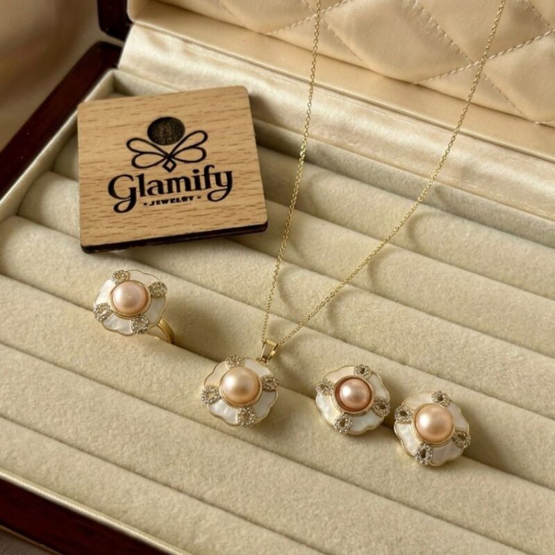 Pink Pearl & Enamel Flower Pendant Set – Gold Plated Necklace, Earrings & Adjustable Ring