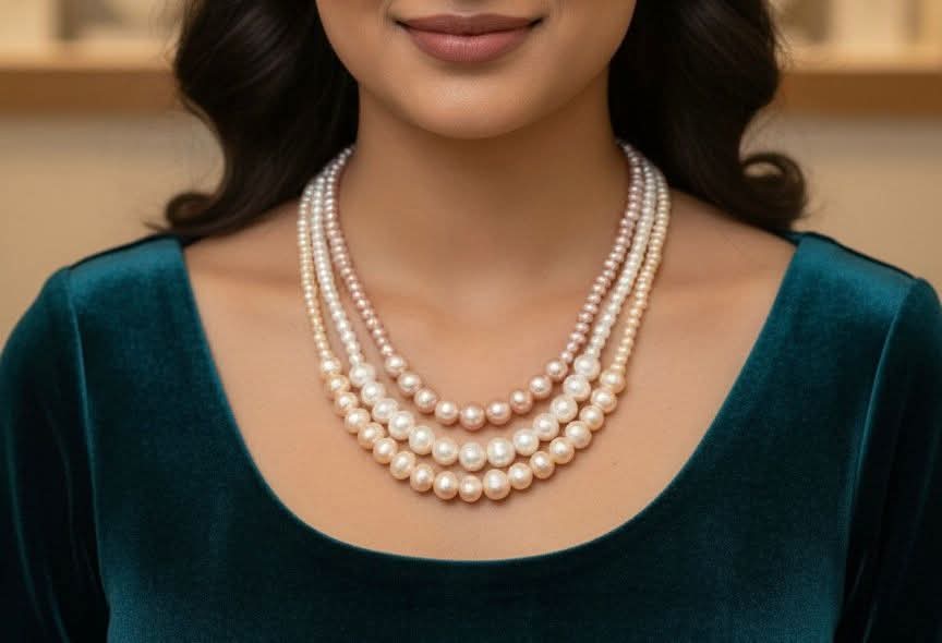 AAAA Grade 3 Layer Freshwater Pearl Necklace – White, Pink & Purple - Image 2