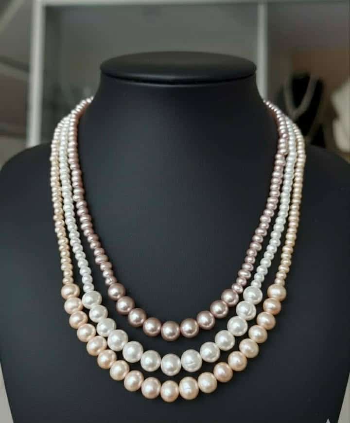 AAAA Grade 3 Layer Freshwater Pearl Necklace – White, Pink & Purple - Image 4