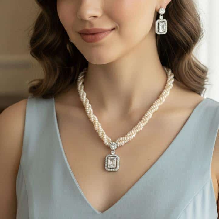 3-Layer Pearl Necklace Pendant Set – 4/5mm Freshwater Pearls with Matching Earrings