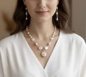 Handcrafted Freshwater Pearl Necklace Set with Gold Wire Pendant