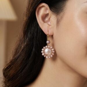 Purple Coin Pearl Drop Earrings with Gold Wire Detailing