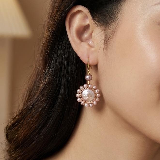 Purple Coin Pearl Drop Earrings with Gold Wire Detailing