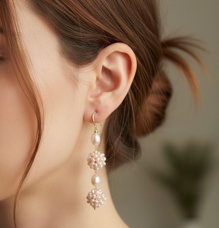 Soft Pink Freshwater Cluster Pearl Earrings – Handcrafted Gold Hook Design