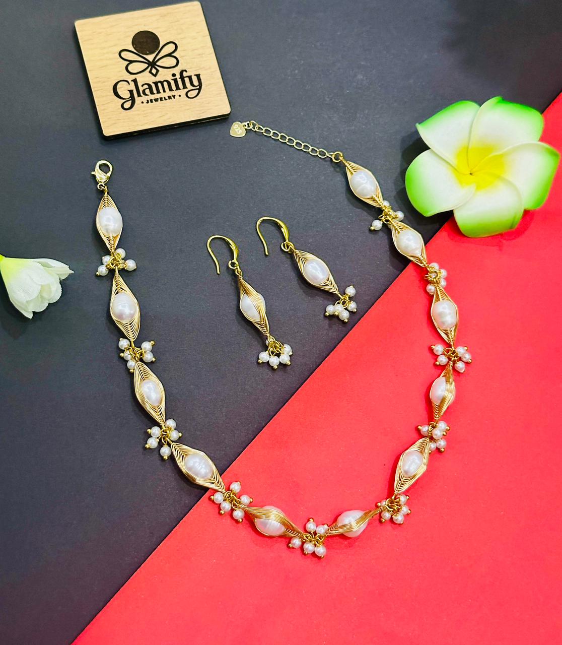 Freshwater Pearl Necklace & Earring Set with Gold Wire Detailing (Handcrafted Design) - Image 6