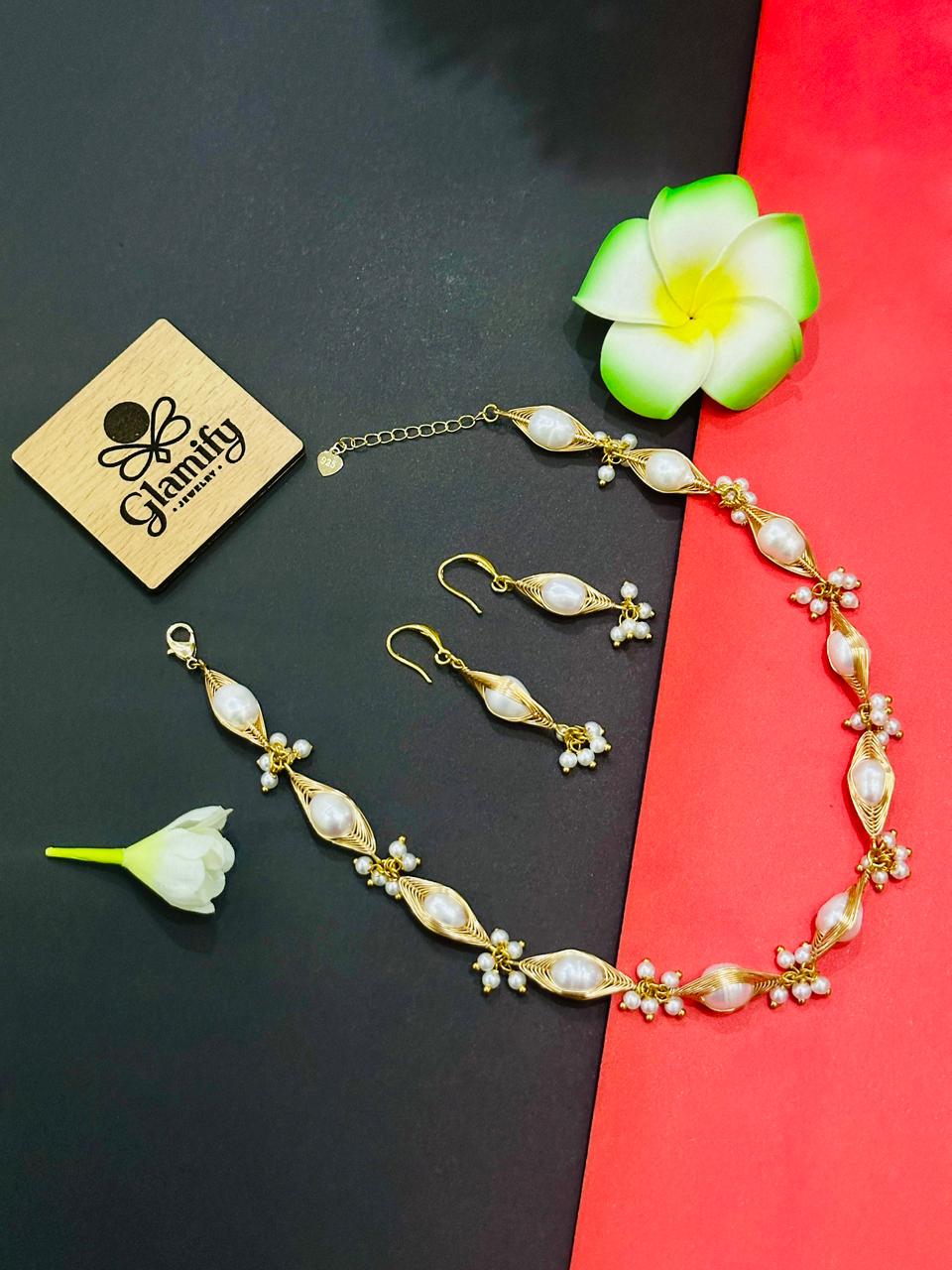 Freshwater Pearl Necklace & Earring Set with Gold Wire Detailing (Handcrafted Design) - Image 2