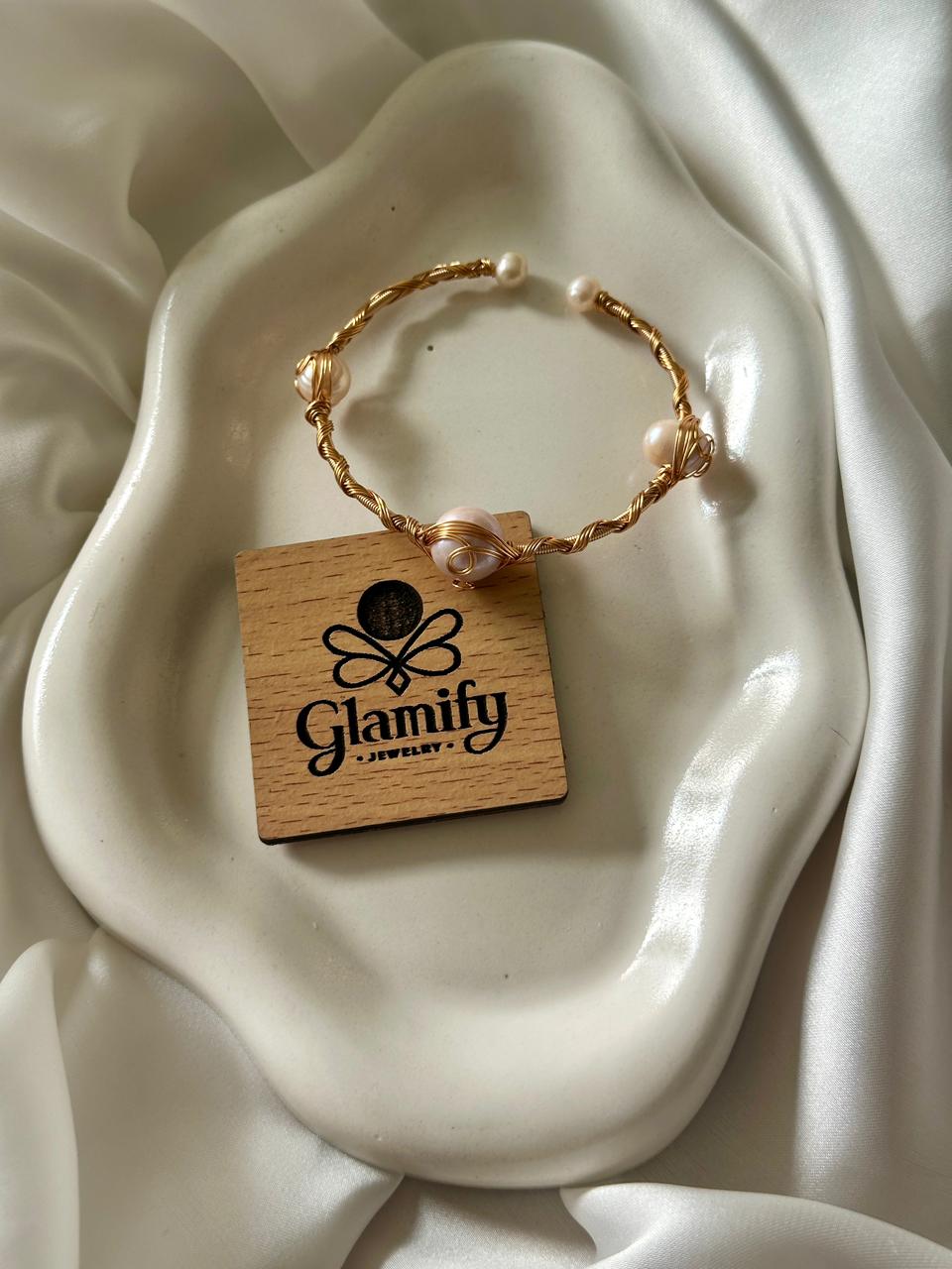 Adjustable Handcrafted Pearl Bracelet – Purple & White | Gold Wire Design - Image 3