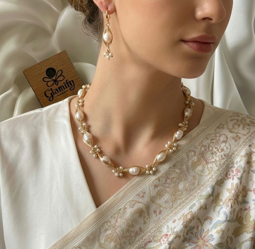 Freshwater Pearl Necklace & Earring Set with Gold Wire Detailing (Handcrafted Design)