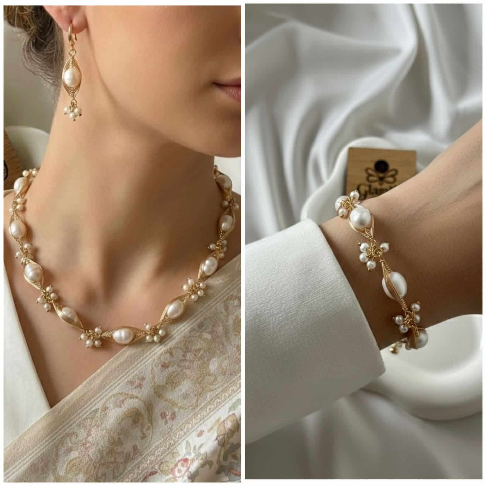 Freshwater Pearl Necklace & Earring Set with Gold Wire Detailing (Handcrafted Design) - Image 4